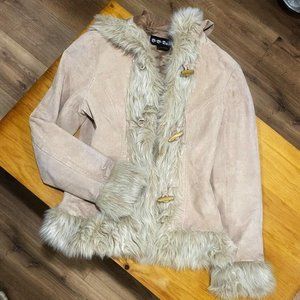 Leather Coat with Faux Fur Trim